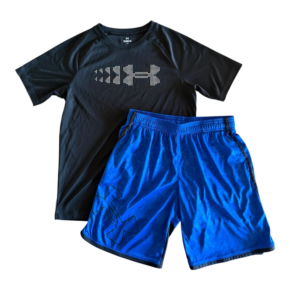 Under Armour Boys Black Blue Athletic Shirt Shorts Set - Youth Large